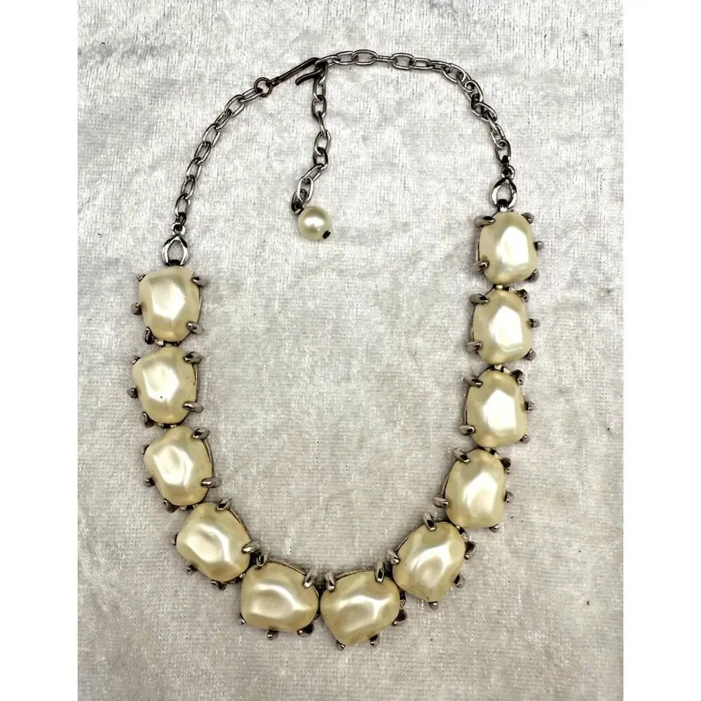 Vintage Faux Pearl Choker Necklace, Chunky Silver Tone High Luster (16